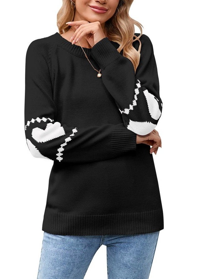 shermie Women's Cute Heart Pattern Elbow Patchwork Knitted Sweaters Long Sleeve Crew Neck Casual Pullover, G-80 Black, M - Image 1