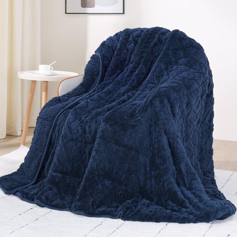 Weighted Blanket 15lbs Sherpa Weighted Blanket with Classic Jacquard Pattern Heavy Soft Full Size Weighted Blankets for Adults to Sleep Natural Sofa Couch Bed Blanket Navy Blue 48  72 15lbs