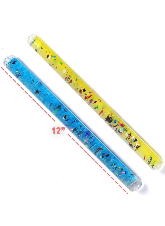 Playlearn USA - Playlearn Glitter Wand Sensory Toys Set (2 Pack - Jumbo 12") - Stress Relief Fidget Toys for All Ages Adult, Kids & Toddlers - ABC Color Glitter Baton Liquid Relaxing Therapy Toys - Quiet Stimulation - Image 1