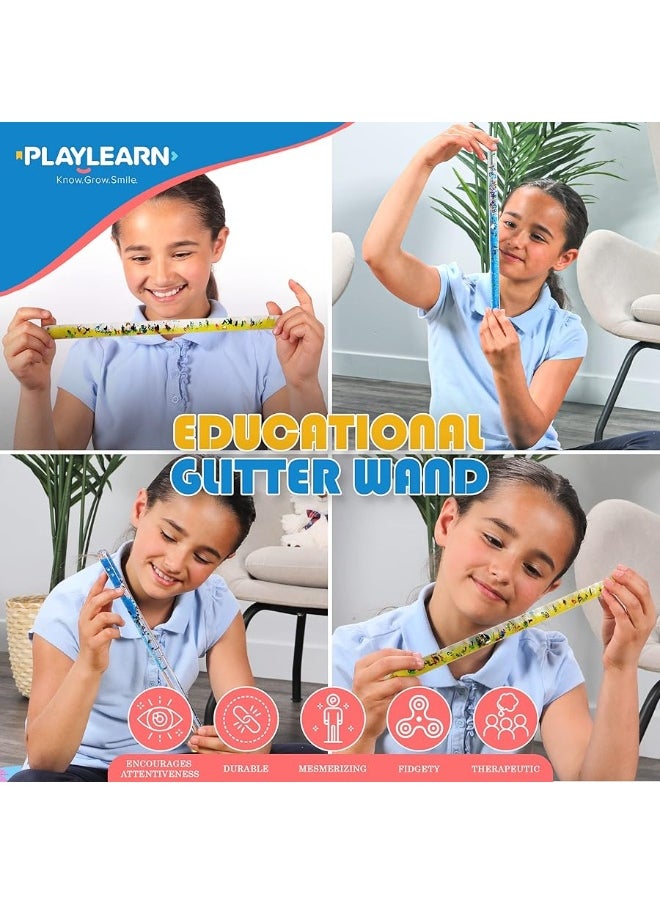 Playlearn USA - Playlearn Glitter Wand Sensory Toys Set (2 Pack - Jumbo 12") - Stress Relief Fidget Toys for All Ages Adult, Kids & Toddlers - ABC Color Glitter Baton Liquid Relaxing Therapy Toys - Quiet Stimulation - Image 1