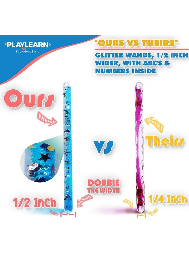 Playlearn USA - Playlearn Glitter Wand Sensory Toys Set (2 Pack - Jumbo 12") - Stress Relief Fidget Toys for All Ages Adult, Kids & Toddlers - ABC Color Glitter Baton Liquid Relaxing Therapy Toys - Quiet Stimulation - Image 1