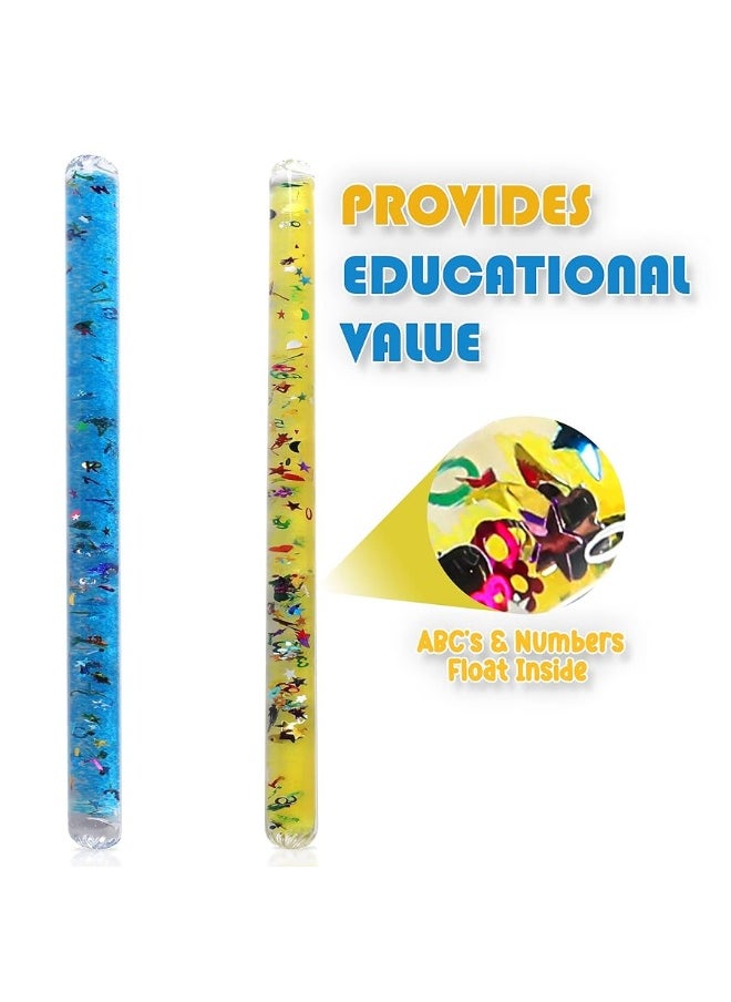 Playlearn USA - Playlearn Glitter Wand Sensory Toys Set (2 Pack - Jumbo 12") - Stress Relief Fidget Toys for All Ages Adult, Kids & Toddlers - ABC Color Glitter Baton Liquid Relaxing Therapy Toys - Quiet Stimulation - Image 1