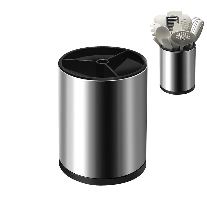 OPPRSPRS Stainless 360° Rotating Kitchen Utensil Holder,Large Counter Utensil Caddy, Cooking Spoon Stand Spatula Cutlery Metal Utensil Canister Tool Silverware Holder Rack for Countertop(Silver) - Image 1
