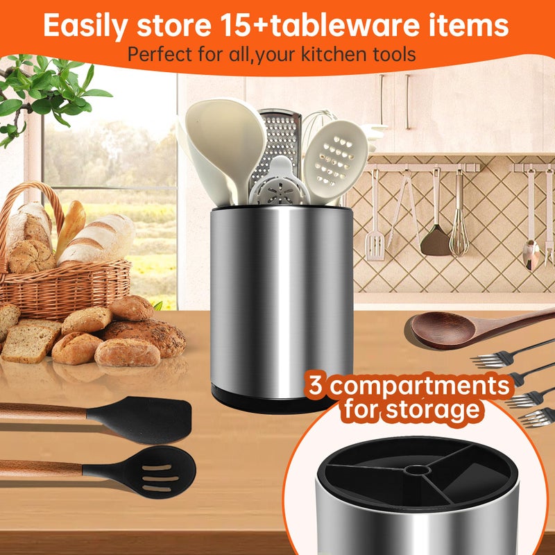 OPPRSPRS Stainless 360° Rotating Kitchen Utensil Holder,Large Counter Utensil Caddy, Cooking Spoon Stand Spatula Cutlery Metal Utensil Canister Tool Silverware Holder Rack for Countertop(Silver) - Image 3