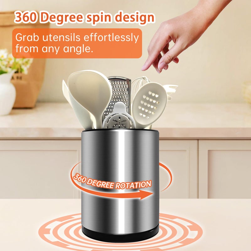 OPPRSPRS Stainless 360° Rotating Kitchen Utensil Holder,Large Counter Utensil Caddy, Cooking Spoon Stand Spatula Cutlery Metal Utensil Canister Tool Silverware Holder Rack for Countertop(Silver) - Image 2