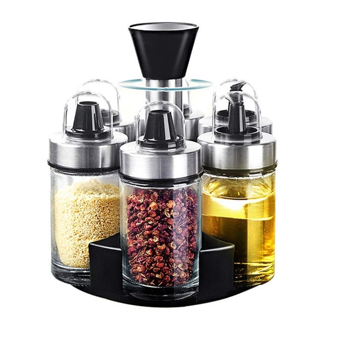 OIL AND VINEGAR DISPENSER SET OF 6 BOTTLES STAINLESS STEEL SALT PEPPER HOLDER WITH 360 ROTATING HOLDER CRUET SOY SAUCE PREMIUM GLASS CONDIMENT FOR KITCHEN TABLETOP KITCHEN CONTAINERS
