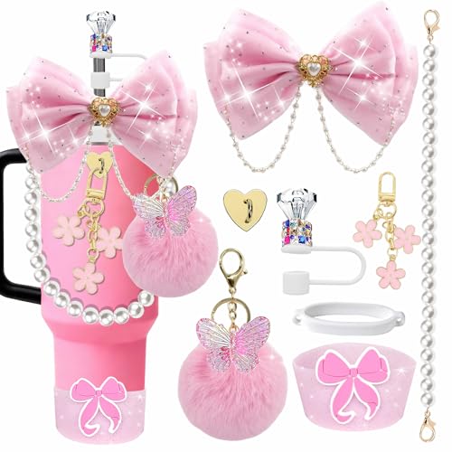 FRZSHENG Bling Accessories for Stanley Cup 20/30/40 oz Tumbler, Glitter Bow & Diamond Straw Topper Set with Silicone Boot, Pearl Handle Strap, Keychain Charms, Pink Decor for Women and Girls (Pink) - Image 2