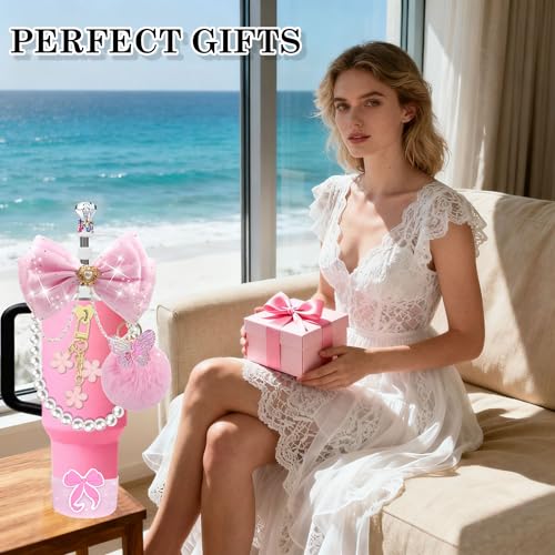 FRZSHENG Bling Accessories for Stanley Cup 20/30/40 oz Tumbler, Glitter Bow & Diamond Straw Topper Set with Silicone Boot, Pearl Handle Strap, Keychain Charms, Pink Decor for Women and Girls (Pink) - Image 4
