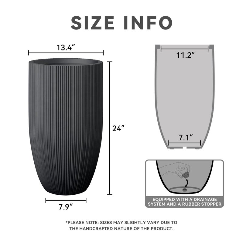 Kante 24 Inch Tall Round Concrete Planter, Large Indoor Outdoor Plant Pots with Drainage Hole and Rubber Plug, Modern Decorative Garden Pots for Home Patio Porch, Textured Black - Image 2