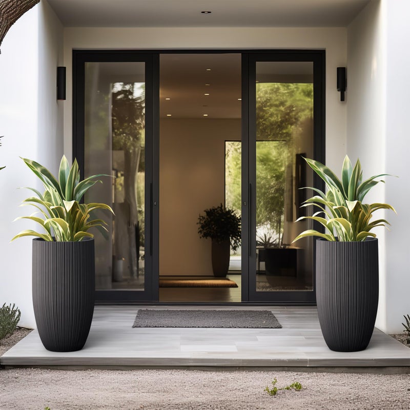 Kante 24 Inch Tall Round Concrete Planter, Large Indoor Outdoor Plant Pots with Drainage Hole and Rubber Plug, Modern Decorative Garden Pots for Home Patio Porch, Textured Black - Image 3