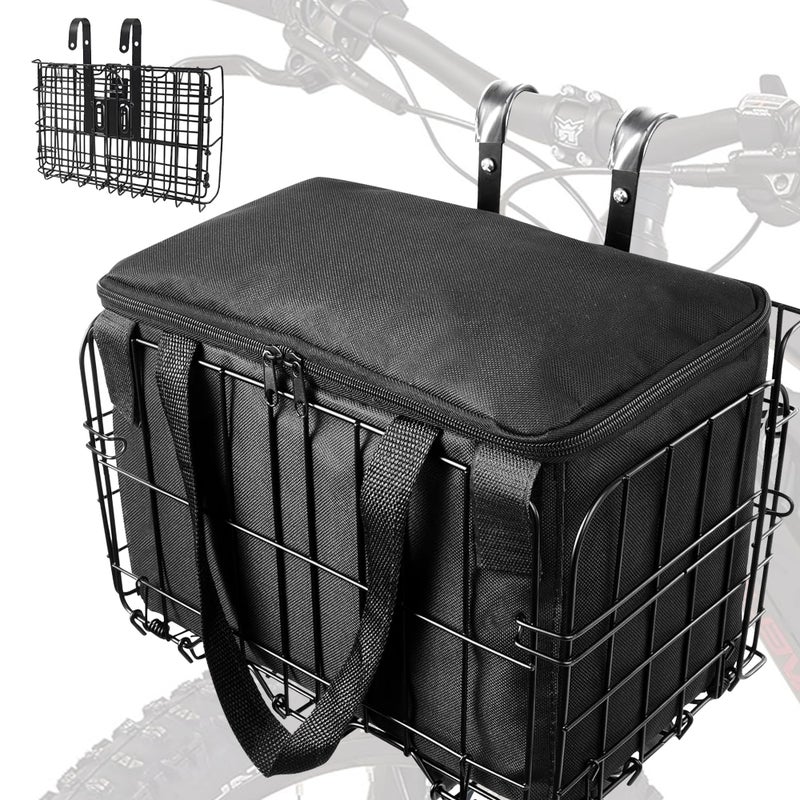 LIQING Bike Basket Front Folding Bicycle Basket with Removable Liner Bag, Quick Release Design Metal Ebike Basket for Adult Women/Men Carrying Dogs, Pets, Fruit & Grocery (L-Black) - Image 1