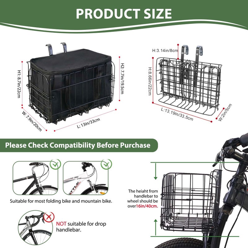 LIQING Bike Basket Front Folding Bicycle Basket with Removable Liner Bag, Quick Release Design Metal Ebike Basket for Adult Women/Men Carrying Dogs, Pets, Fruit & Grocery (L-Black) - Image 3