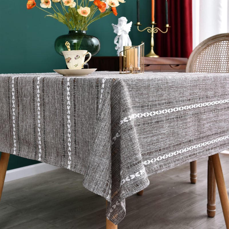 NEWISHER Rustic Farmhouse Embroidered Square Tablecloth Jacquard Striped Table Cloth Linen Washable Dining Table Cover Kitchen Dining Home Decoration Coffee 70x70 inch - Image 1