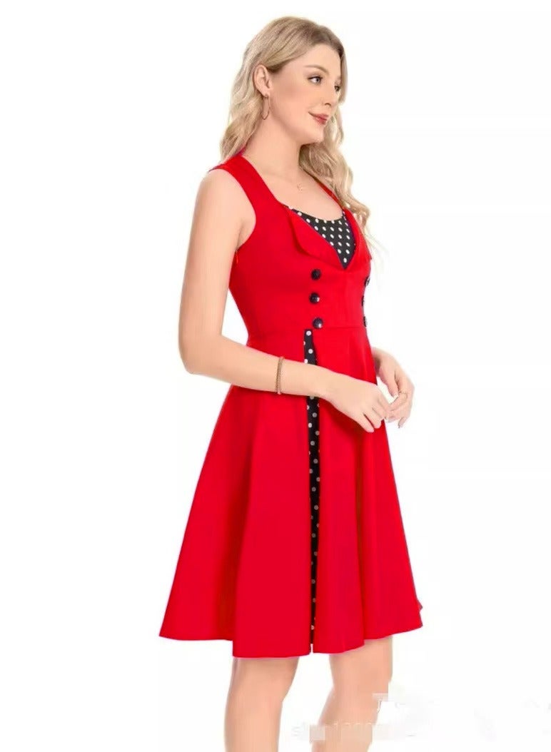 Elegant Retro Women's Dress - Red Polka Dot Sleeveless Wrap Waist Flared Swing Dress A-Line Mid-Length Summer Dress for Women  - Image 4