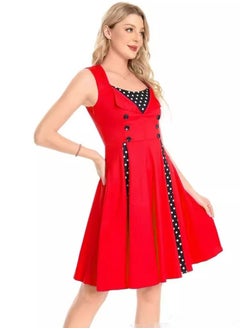 Generic Elegant Retro Women's Dress - Red Polka Dot Sleeveless Wrap Waist Flared Swing Dress A-Line Mid-Length Summer Dress for Women  - Image 5