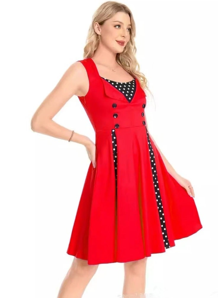Elegant Retro Women's Dress - Red Polka Dot Sleeveless Wrap Waist Flared Swing Dress A-Line Mid-Length Summer Dress for Women  - Image 5