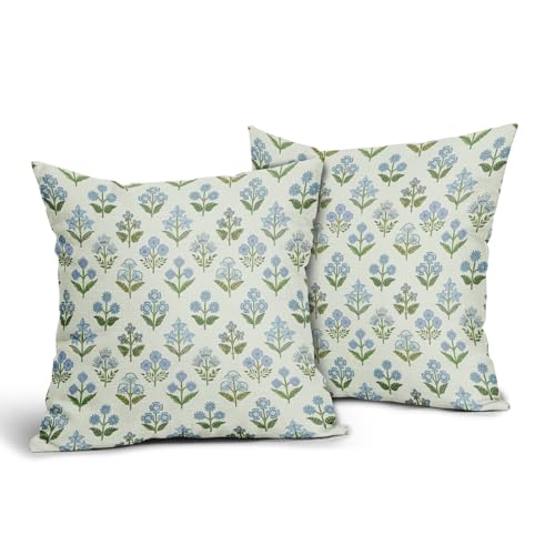Sivirary Blue Green Block Print Pillow Covers 24x24 Inch Set of 2 Vintage Floral Spring Decorative Throw Pillow Cases Boho Cushion Covers Rustic Decoration Gift Farmhouse Sofa Couch Bed Decor - Image 3