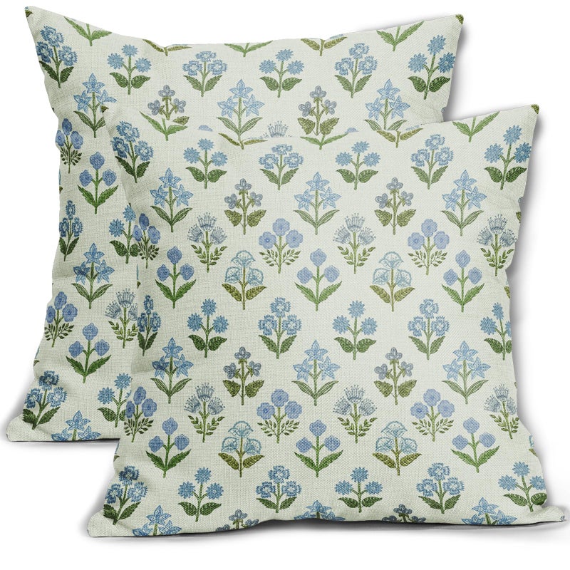 Sivirary Blue Green Block Print Pillow Covers 24x24 Inch Set of 2 Vintage Floral Spring Decorative Throw Pillow Cases Boho Cushion Covers Rustic Decoration Gift Farmhouse Sofa Couch Bed Decor - Image 2