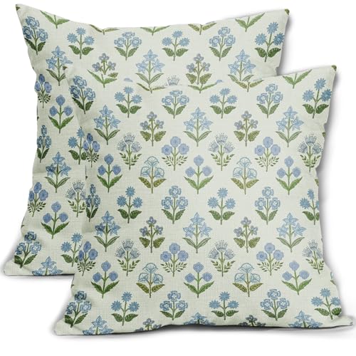 Sivirary Blue Green Block Print Pillow Covers 24x24 Inch Set of 2 Vintage Floral Spring Decorative Throw Pillow Cases Boho Cushion Covers Rustic Decoration Gift Farmhouse Sofa Couch Bed Decor - Image 1