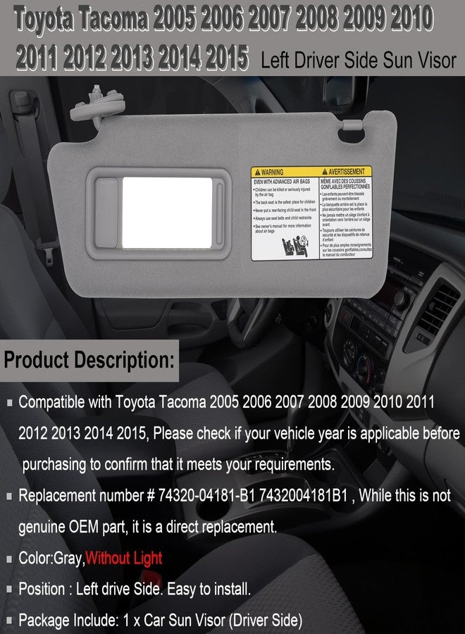 NHILES Left Driver Side Sun Visors Compatible with Toyota Tacoma 2005-2015 Without Light #74320-04181-B1 Grey - Image 2