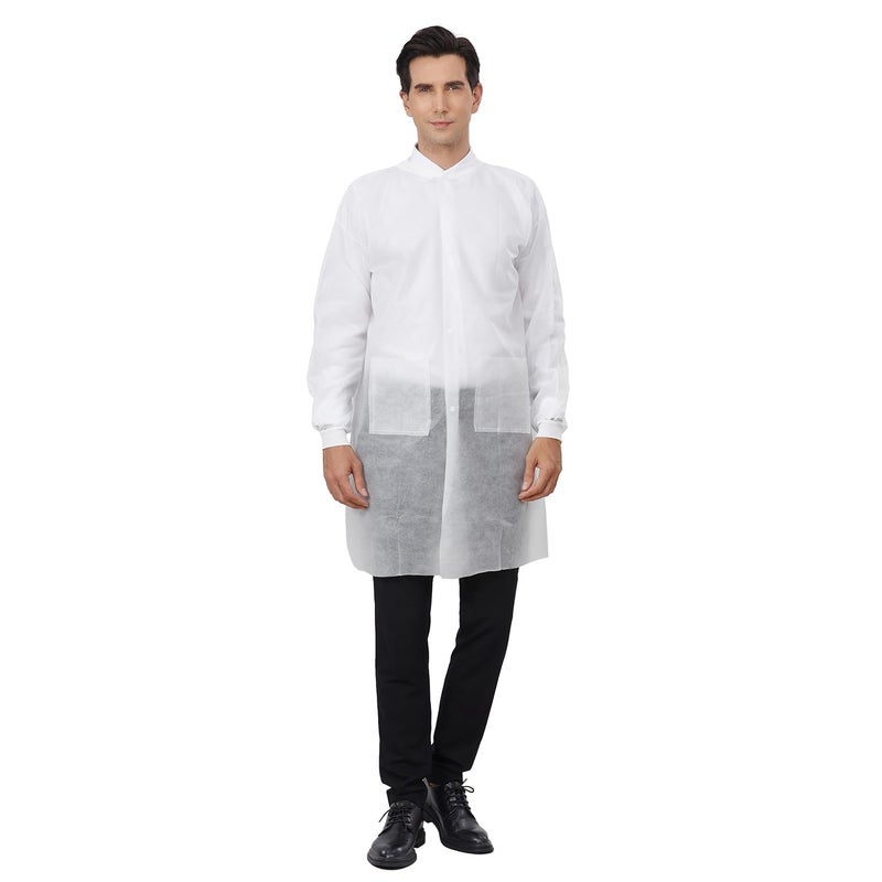 Greenour Disposable Lab Coats for Adults with Pockets White Lab Jackets with Knitted Cuffs and Collar Pack of 10 (2X-Large) - Image 4