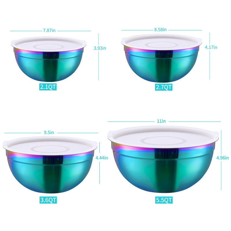 DINYWOW 4 Piece Rainbow Mixing Bowls with Lids for Kitchen, Stainless Steel Mixing Bowls Set Ideal for Baking, Prepping, Cooking and Serving Food, Nesting Metal Mixing Bowls for Space Saving Storage - Image 2
