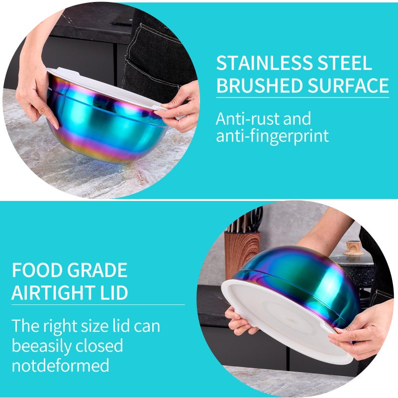 DINYWOW 4 Piece Rainbow Mixing Bowls with Lids for Kitchen, Stainless Steel Mixing Bowls Set Ideal for Baking, Prepping, Cooking and Serving Food, Nesting Metal Mixing Bowls for Space Saving Storage - Image 4