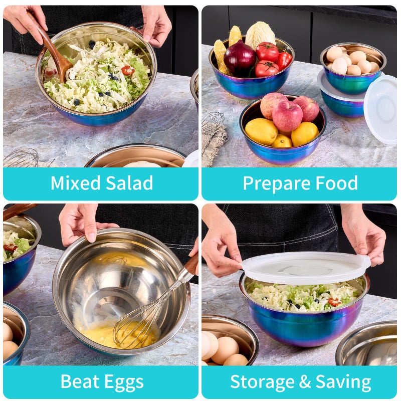 DINYWOW 4 Piece Rainbow Mixing Bowls with Lids for Kitchen, Stainless Steel Mixing Bowls Set Ideal for Baking, Prepping, Cooking and Serving Food, Nesting Metal Mixing Bowls for Space Saving Storage - Image 5