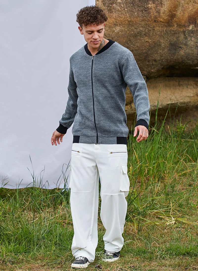 Campus Sutra Men's Dark Grey Zip-Front Knitted Jacket