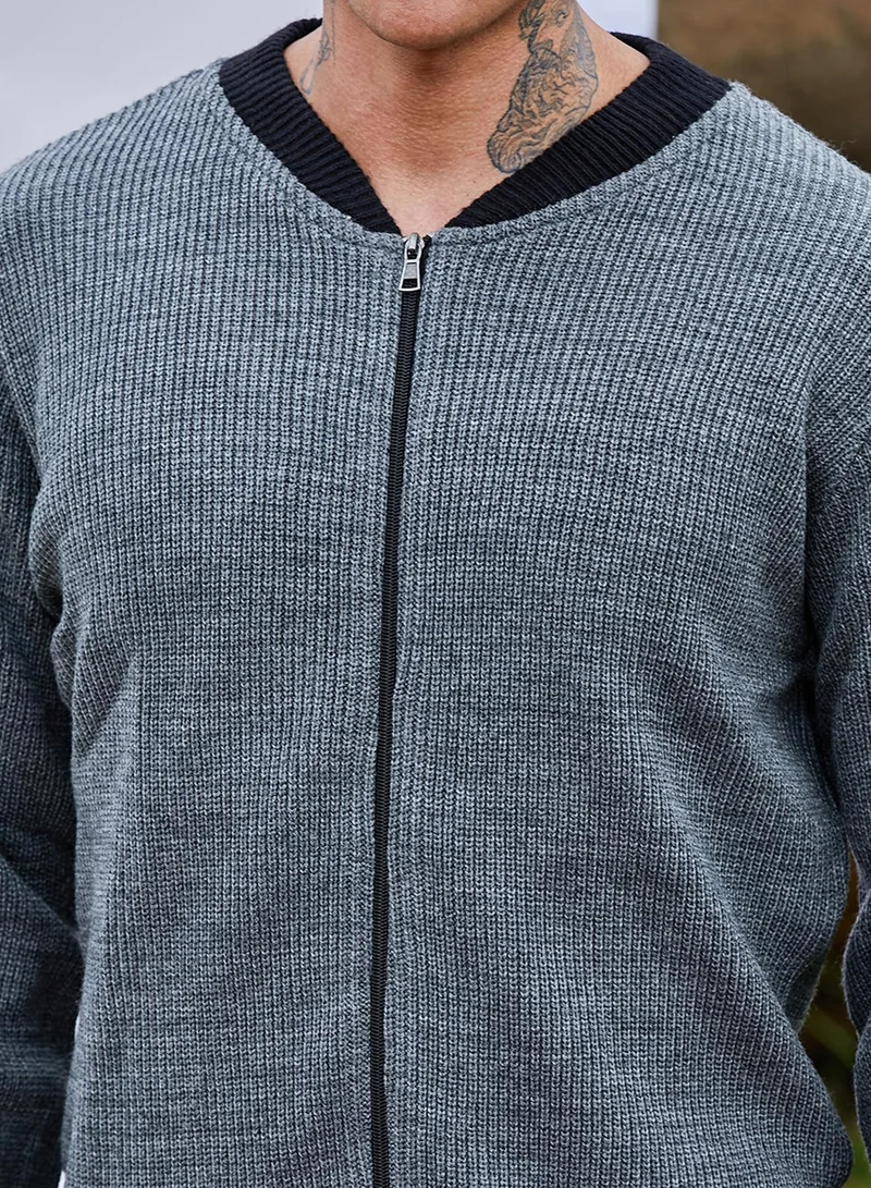 Campus Sutra Men's Dark Grey Zip-Front Knitted Jacket