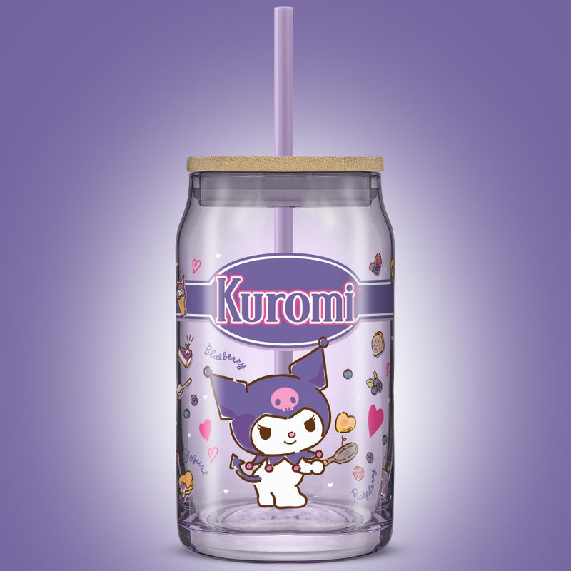 JoyJolt JoyJolt Sanrio Hello Kitty and Friends Favorite Flavor Glass Tumbler with Bamboo Lid and Straw  Leakproof 16oz Clear Soda Can Shaped Cup featuring Kuromi  Hello Kitty Merch  - Image 3