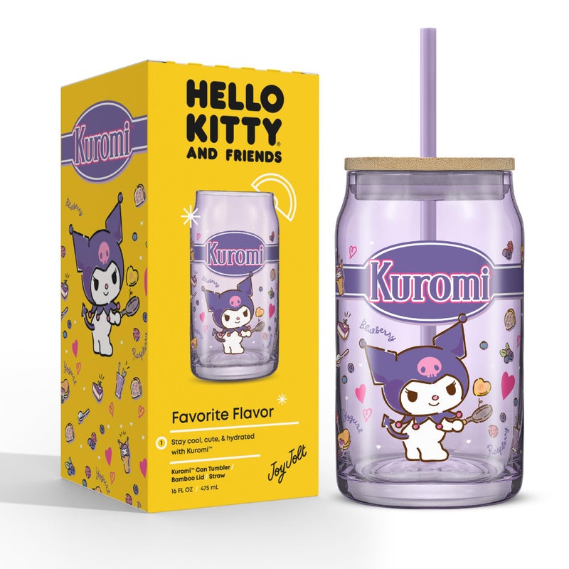 JoyJolt JoyJolt Sanrio Hello Kitty and Friends Favorite Flavor Glass Tumbler with Bamboo Lid and Straw  Leakproof 16oz Clear Soda Can Shaped Cup featuring Kuromi  Hello Kitty Merch  - Image 1