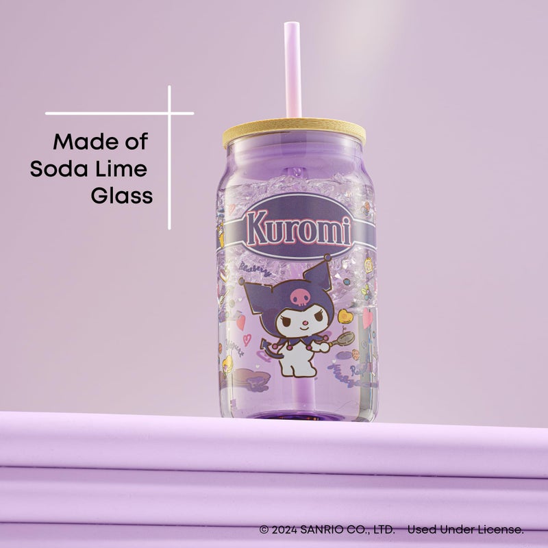 JoyJolt JoyJolt Sanrio Hello Kitty and Friends Favorite Flavor Glass Tumbler with Bamboo Lid and Straw  Leakproof 16oz Clear Soda Can Shaped Cup featuring Kuromi  Hello Kitty Merch  - Image 4