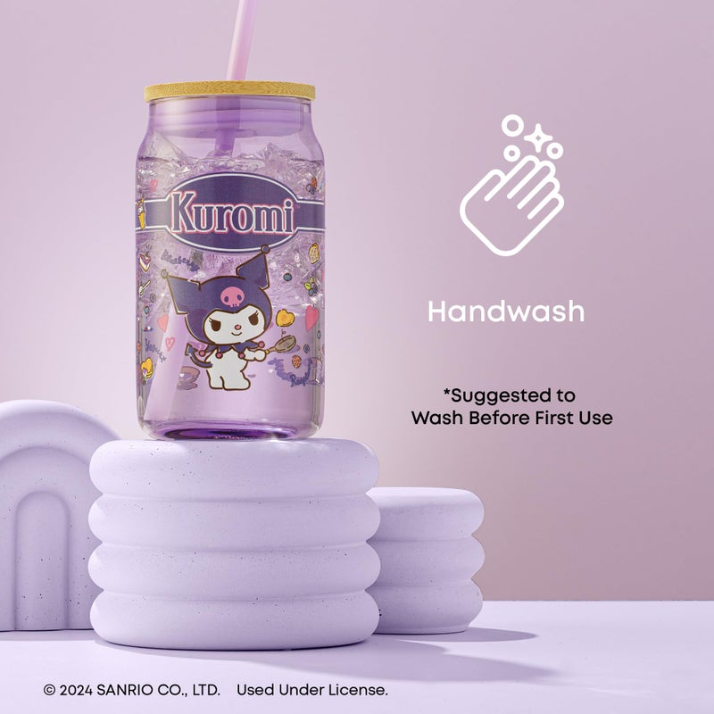 JoyJolt JoyJolt Sanrio Hello Kitty and Friends Favorite Flavor Glass Tumbler with Bamboo Lid and Straw  Leakproof 16oz Clear Soda Can Shaped Cup featuring Kuromi  Hello Kitty Merch  - Image 5