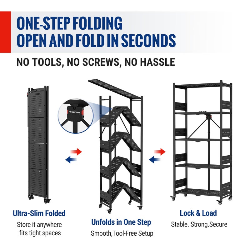 WORKPRO 5-Tier Folding Shelf, No-Assembly Metal Storage Rack with Wheels, 750 lbs Capacity (with Leveling Feet), Collapsible Shelving Unit for Kitchen, Pantry, Bathroom & Closet Organization - Image 3