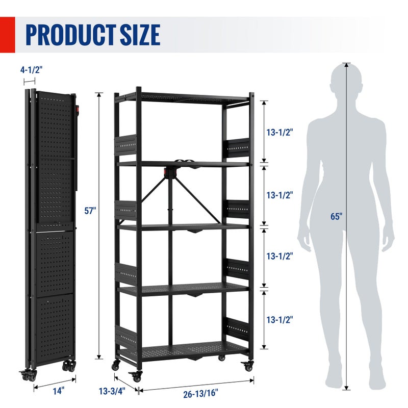 WORKPRO 5-Tier Folding Shelf, No-Assembly Metal Storage Rack with Wheels, 750 lbs Capacity (with Leveling Feet), Collapsible Shelving Unit for Kitchen, Pantry, Bathroom & Closet Organization - Image 5