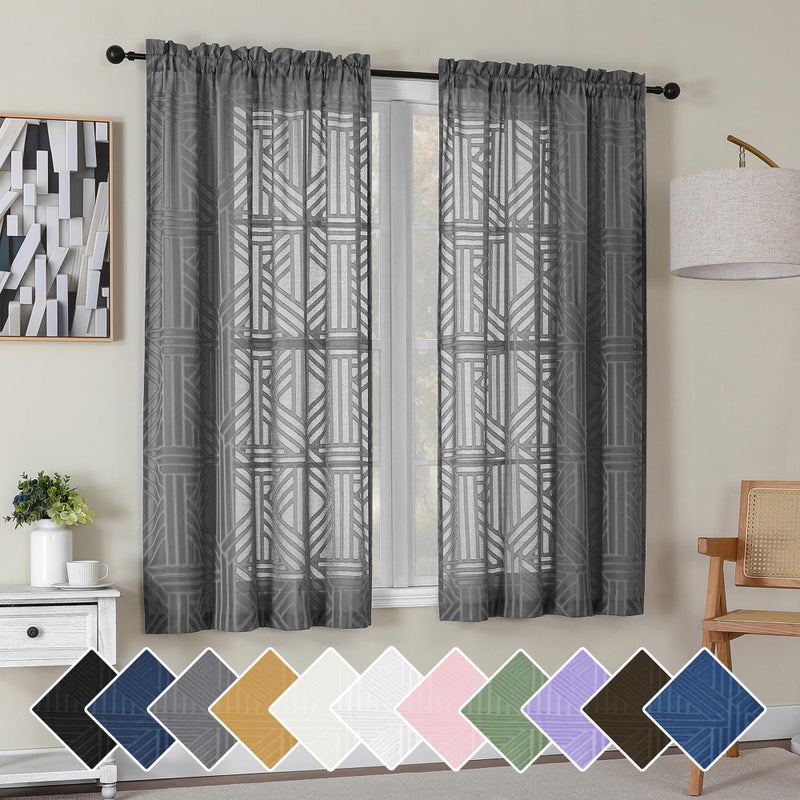 Simplebrand Grey Semi Sheer Curtains 63 Inch Length 2 Panels, Light Filtering Geometric Jacquard Clip Textured Short Sheer Curtains for Bedroomï¼ŒModern Elegant Window Curtains Drapesï¼Œ42x63 inch - Image 1