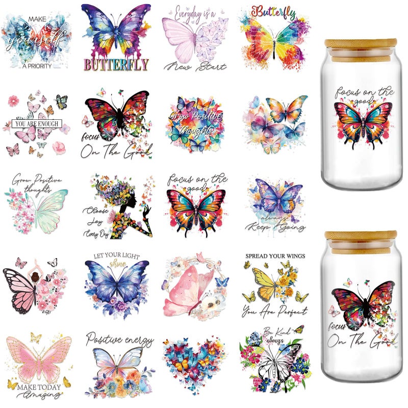 AFRITEE UV DTF Cup Wraps - 20 Sheets Butterfly Uvdtf Tumbler Wraps for16 oz Glass Water Bottle, Make Today Watercolor Flowers Transfer Stickers DIY Mug Craft Decals Decorations Gift for Women - Image 1