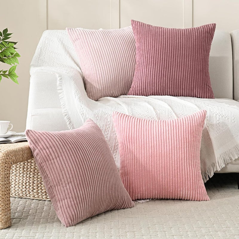 Volcanics Set of 4 Pink Corduroy Decorative Couch Throw Pillow Covers 20x20 Inch, Valentine's Day Farmhouse Striped Cushion Cases, Soft Boho Square Accent Pillow Covers for Home Sofa - Image 5