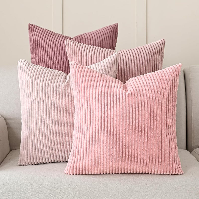 Volcanics Set of 4 Pink Corduroy Decorative Couch Throw Pillow Covers 20x20 Inch, Valentine's Day Farmhouse Striped Cushion Cases, Soft Boho Square Accent Pillow Covers for Home Sofa - Image 1