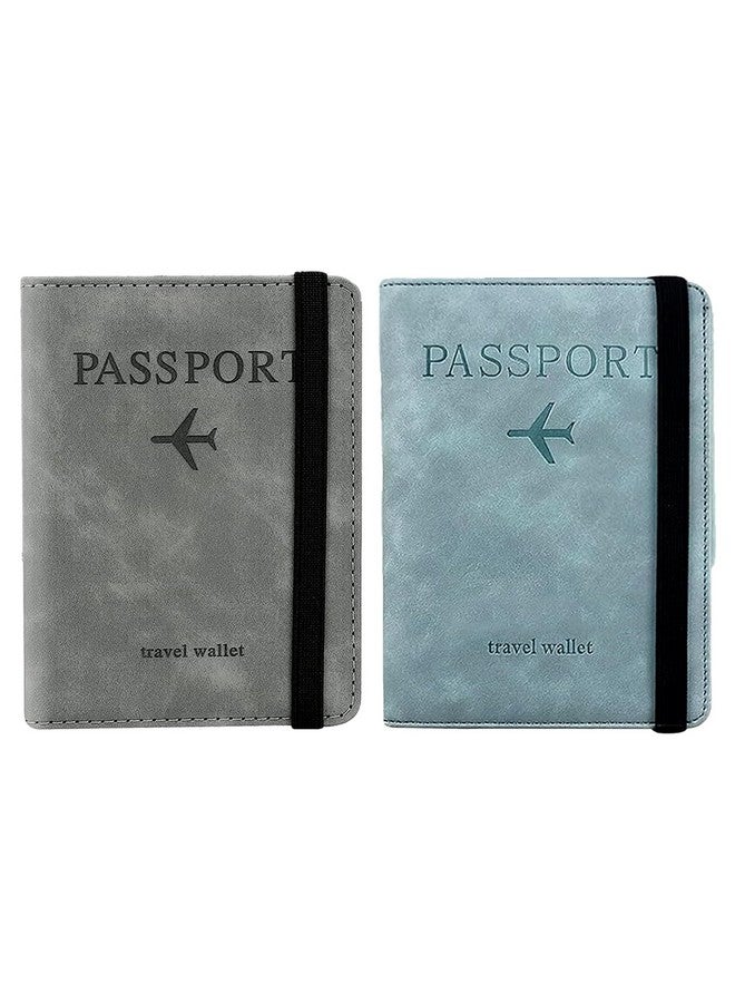 BOLDSTUFF Couple 2 Pcs Passport Holder Passport Cover with Credit Card Slot and BoardingPass Slot Bi-Fold Passport Wallet Case Book Travel Must Have, PU Leather-Unisex (SkyBlue+Gray) - Image 1