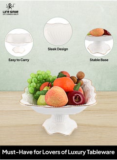 Life Smile LIFE SMILE Round Bone China Serving Bowl With Gold Stand  - Fruit Basket For Fruit Vegetable Storage Snack Nuts Cake Dessert  - Image 4