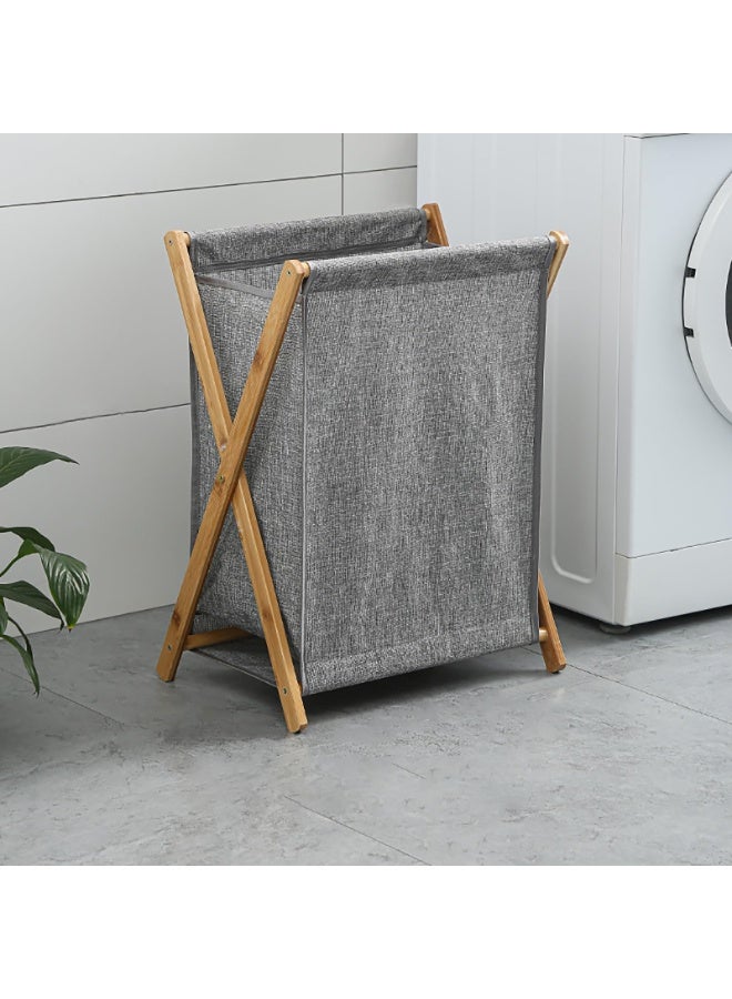 سلة غسيل فاخرة قابلة للطي وضيقة بإطار من الخيزران، سلة غسيل قابلة للطي بإطار خشبي، مثالية أيضاً كمنظم، سلة ملابس موفرة للمساحة (حجم متوسط) - Image 1