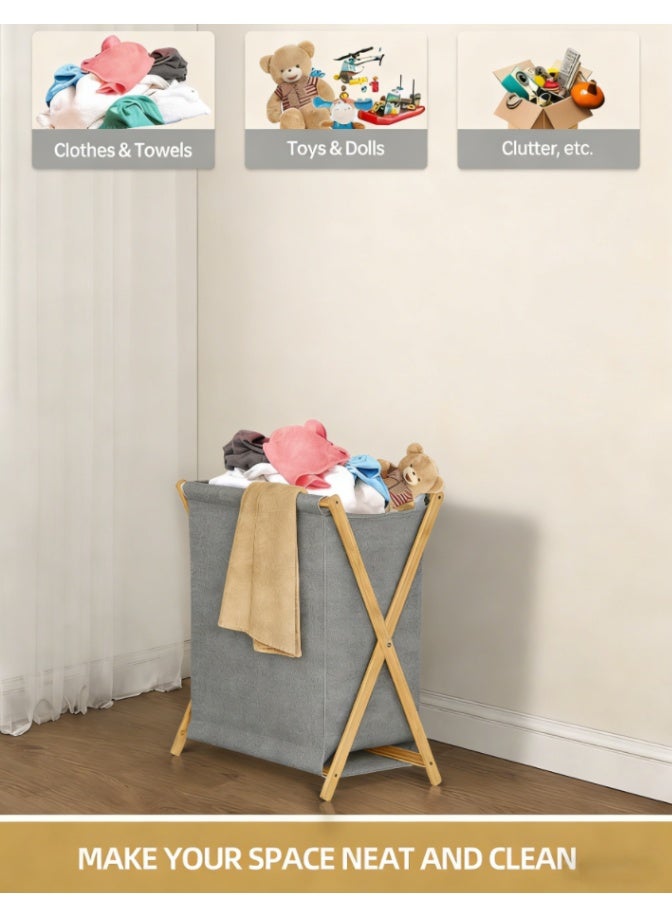 سلة غسيل فاخرة قابلة للطي وضيقة بإطار من الخيزران، سلة غسيل قابلة للطي بإطار خشبي، مثالية أيضاً كمنظم، سلة ملابس موفرة للمساحة (حجم متوسط) - Image 2