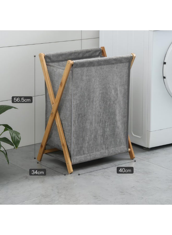 سلة غسيل فاخرة قابلة للطي وضيقة بإطار من الخيزران، سلة غسيل قابلة للطي بإطار خشبي، مثالية أيضاً كمنظم، سلة ملابس موفرة للمساحة (حجم متوسط) - Image 3