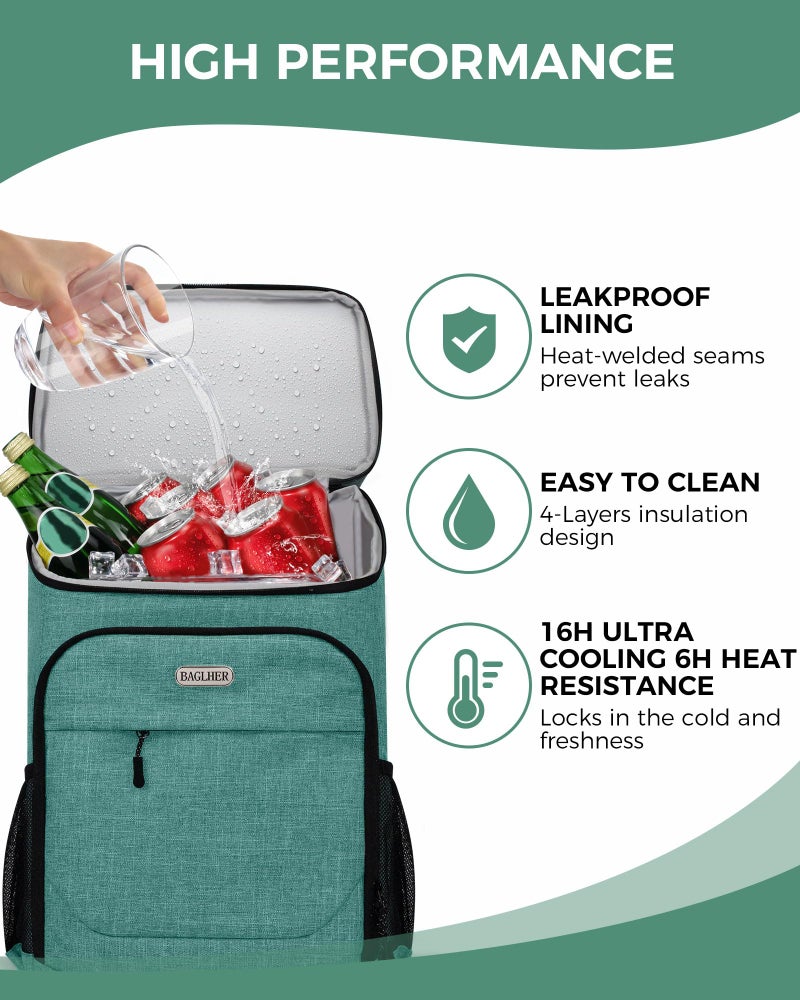 BAGLHER Cooler Backpack 30 Cans, Leakproof Waterproof Cooler Bag with 5 Reusable Ice Pack for Camping, Beach, Hiking, Green - Image 4