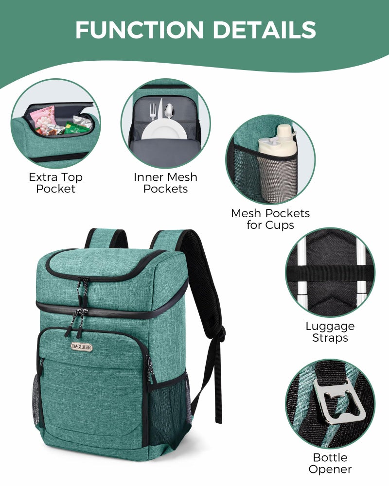 BAGLHER Cooler Backpack 30 Cans, Leakproof Waterproof Cooler Bag with 5 Reusable Ice Pack for Camping, Beach, Hiking, Green - Image 3