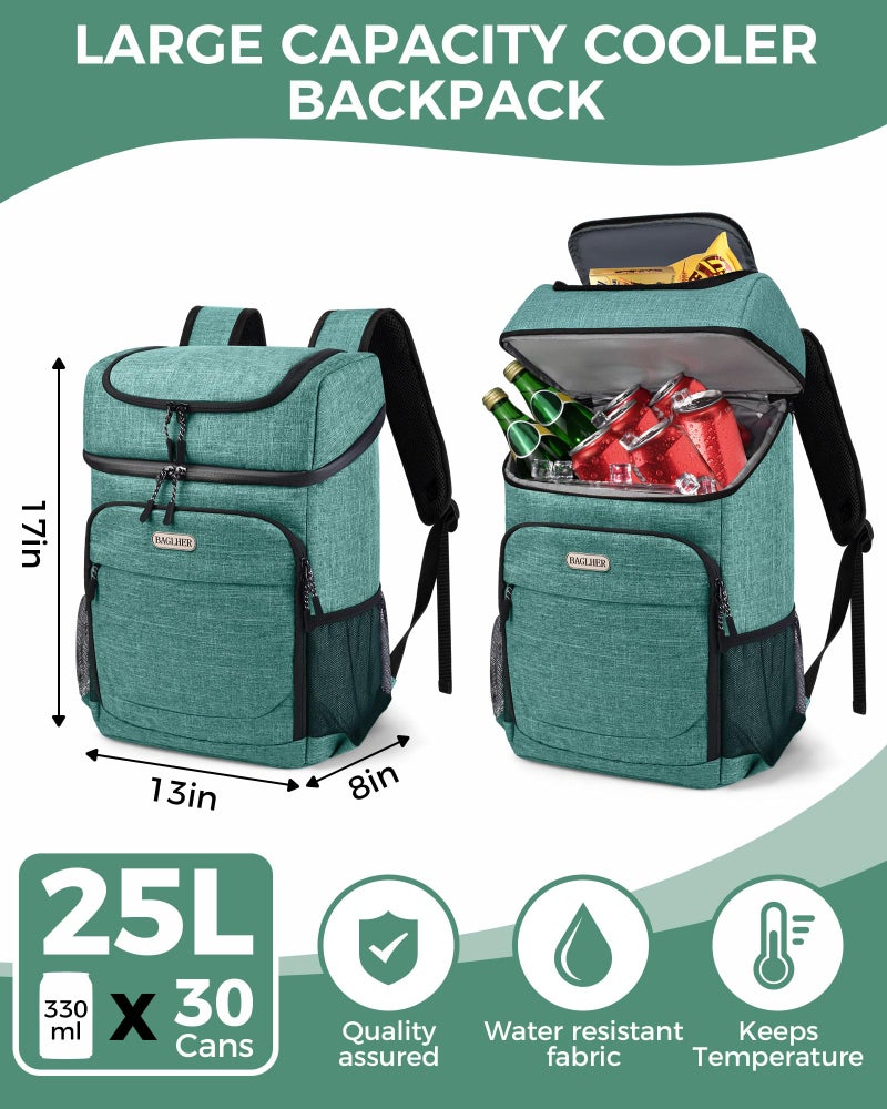 BAGLHER Cooler Backpack 30 Cans, Leakproof Waterproof Cooler Bag with 5 Reusable Ice Pack for Camping, Beach, Hiking, Green - Image 2