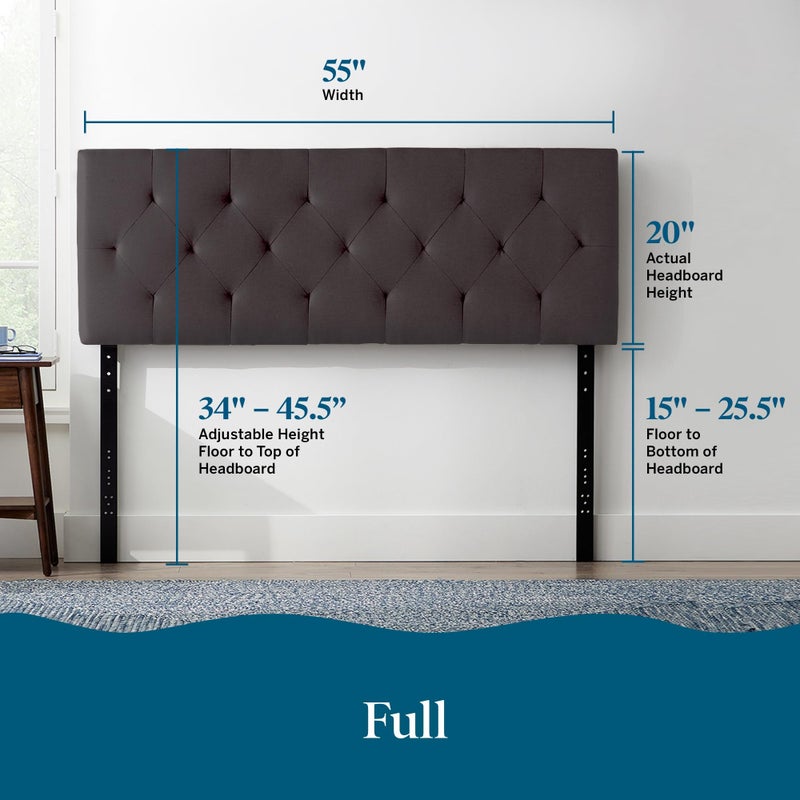 Lucid Mid-Rise Upholstered Headboard - Diamond Tufted - Padded Polyester - Adjustable Height from 34â€ to 46â€ - Easy Assembly - Bed Frame or Wall Mount - Sturdy - Charcoal - Full / Full XL Size - Image 2