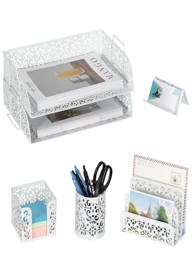 EasyPAG Desk Organizers and Accessories 5 Pieces Office Supplies Set - 2 Tier Paper Tray, Pencil Organizer for Desk, Mail Sorter Countertop, Business Card Holder and Sticky Note Holder, White - Image 1
